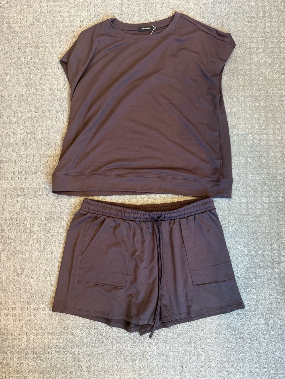 Women's Short Sleeve Top & Drawstring Shorts Set - Brown